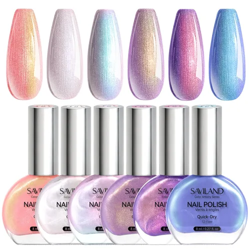 SAVILAND - Juego de esmaltes de uñas perlado: secado rápido, 12 ingredientes libres, esmalte Aurora, 6 colores brillantes, morado, rosa, azul, para