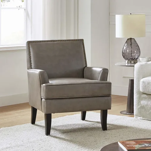 Miniatura 11 de HULALA HOME Silla decorativa moderna de piel sintética, cómoda silla tapizada con ribete de cabeza de clavo, sillón para sala de estar y dormitorio