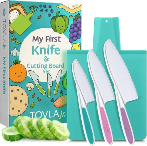 TOVLA JR. Juego Premium de Cuchillos y Tabla de Cortar Seguros para Niños Montessori – Herramientas Reales de Cocina para Niños Pequeños y Jóvenes
