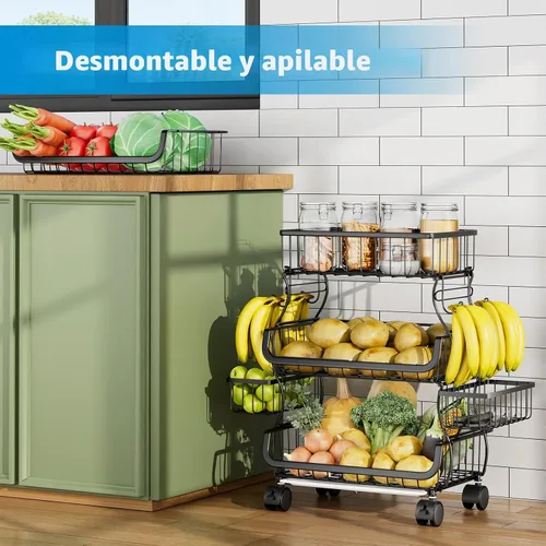 Miniatura 5 de Simple Trending - Carrito rodante de 4 niveles apilable, canasta de frutas y verduras con ruedas y 2 canastas colgantes, soporte de alambre de metal