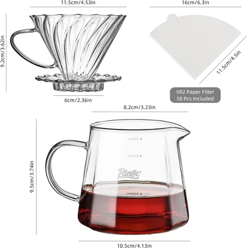 Miniatura 2 de Bincoo Juego de cafetera vertida, cafetera de goteo de cono de 60° en forma de V, incluye jarra de café de vidrio borosilicato de 16 onzas y gotero