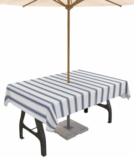 Miniatura 14 de Mantel para exteriores a rayas azul marino, mantel redondo de 60 pulgadas, diseño de rayas blancas y azul marino, impermeable, con agujero