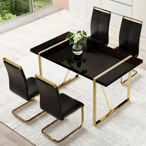 Moderno juego de mesa de comedor para 4, juego de mesa de comedor dorado de 55 pulgadas con 4 sillas de piel sintética negra, mesa de madera negra