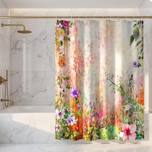 Cortina de ducha floral vibrante de 72 x 72 pulgadas con 12 ganchos, flores de primavera y verano, colorida cortina de baño de tela de poliéster