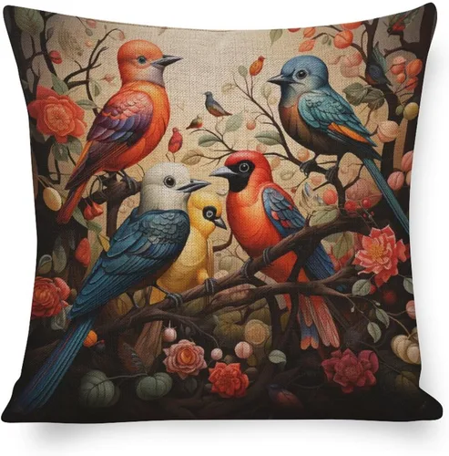Miniatura 9 de Fundas de almohada coloridas con diseño de grupo de pájaros en un árbol, fundas de almohada frescas con pintura al óleo de pájaros en rama de árbol