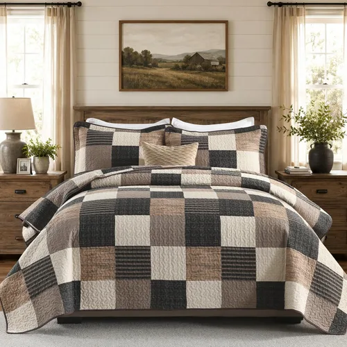 Miniatura 10 de KALOOLA Colcha de granja tamaño King – Juego de ropa de cama acolchada ligera 100% algodón, 3 piezas, colcha a cuadros estampada con 2 fundas