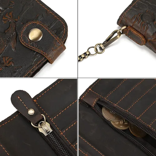 Miniatura 3 de Cartera larga de cuero genuino para hombre, cartera con tarjetero y bolsillo para monedas