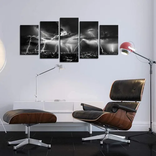 Miniatura 5 de Biuteawal - Arte de pared en blanco y negro de la naturaleza, relámpagos en las nubes, pintura sobre lienzo, tormenta y vista nocturna de la ciudad