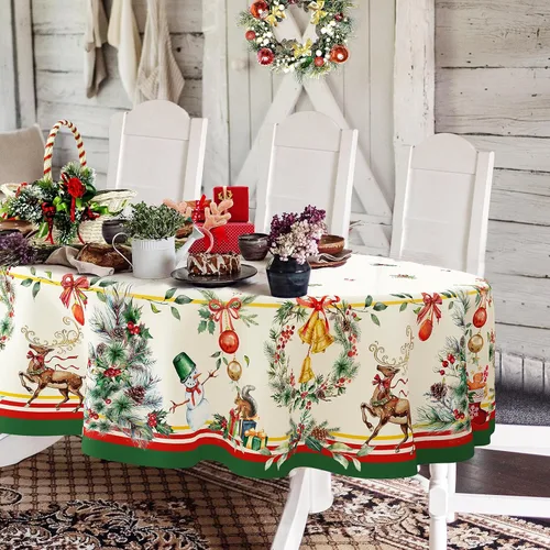Miniatura 14 de Mantel rectangular de Navidad de 60 x 84 pulgadas, mantel de decoración navideña de alce, poliéster, impermeable y resistente a las arrugas, mantel
