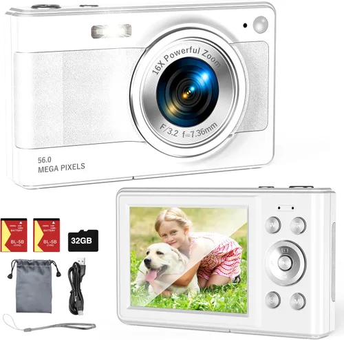 Miniatura 9 de Cámara digital mejorada, 56MP FHD 1080P para niños con zoom 16x anti-sacudida, tarjeta TF de 32GB, dos baterías, cordón, compacta pequeña para niños