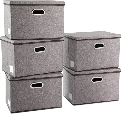 Miniatura 24 de PRANDOM Contenedor de almacenamiento plegable con tapa [1 unidad] Caja de almacenamiento decorativa de tela de lino, cesta organizadora con asas