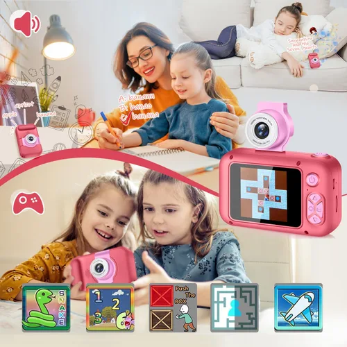 Miniatura 4 de ARNSSIEN Cámara para niños, cámara digital de juguete para niños pequeños con lente abatible de 180°, pantalla IPS de 2.4 pulgadas, tarjeta de 32