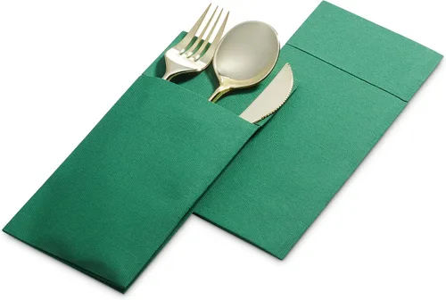 Miniatura 3 de Paquete de 50 servilletas desechables de lino con bolsillo integrado para cubiertos, tela preplegada verde como servilletas de papel para Navidad