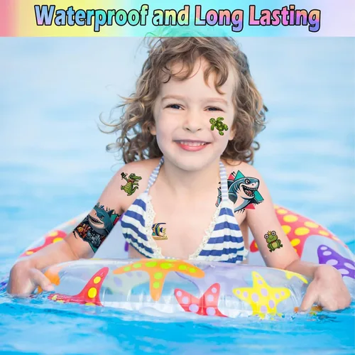 Miniatura 7 de 52 hojas de tatuajes temporales para niños, manga completa, dinosaurio, unicornio, tiburón, delfines, elefante, animal, cara, tatuajes falsos