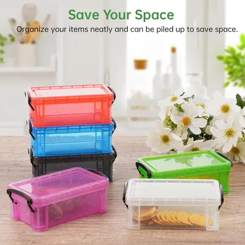 Miniatura 2 de Mini recipientes de almacenamiento de plástico con tapas de bloqueo, 6 cajas de plástico pequeñas de 5.4 x 3 x 2 pulgadas, cajas de colores surtidos