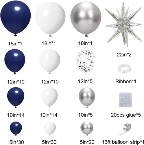 Miniatura 6 de Kit de arco de guirnalda de globos de color azul marino y plateado, 146 globos de color azul rey metálico plateado y blanco con globos plateados