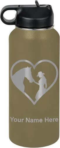 Miniatura 21 de LaserGram Botella de agua personalizada, corazón de vaquera de caballo, acero inoxidable de doble pared aislada al vacío con popote superior, regalo