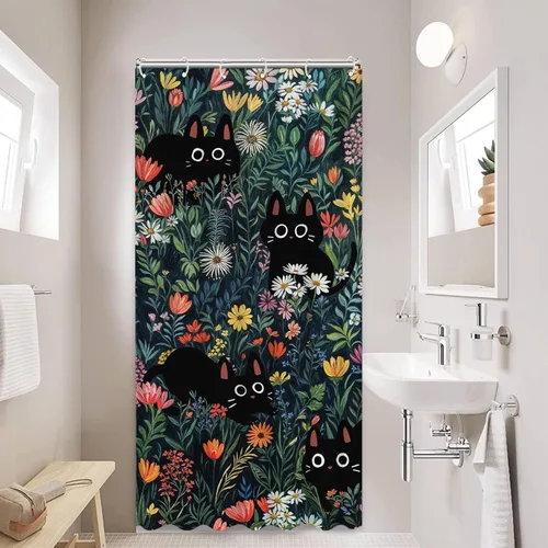 Miniatura 17 de Cortina de Ducha Divertida de Gato Lindo Divertido Árbol de Gato de Dibujos Animados Cortinas de Ducha para Baño Boho Anime Gatitos Niños Granja