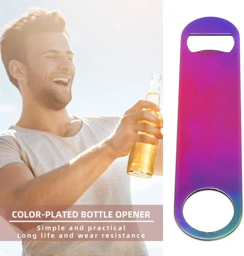Miniatura 6 de Abrebotellas plano de acero inoxidable de color arcoíris, resistente y duradero, 2 piezas para enviar a amigos, adecuado para bares, camareros