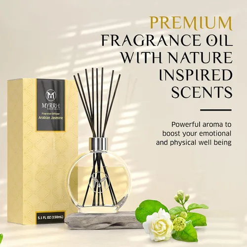 MyrrhUSA - Juego de difusor de varillas perfumado de jazmín árabe con 8 varillas difusoras de ratán, 5.1 fl oz, ambientador totalmente natural,