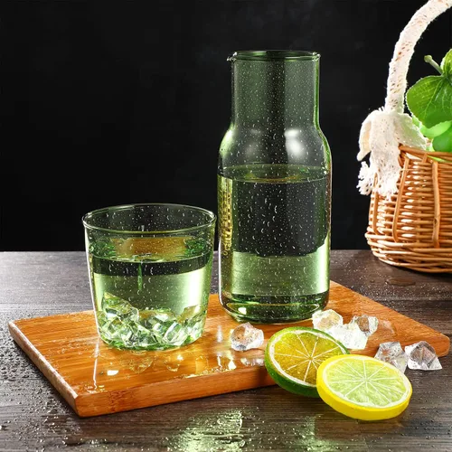 Miniatura 5 de Juego de 1 jarra de agua para mesita de noche, jarra de noche con vaso de cristal, color verde
