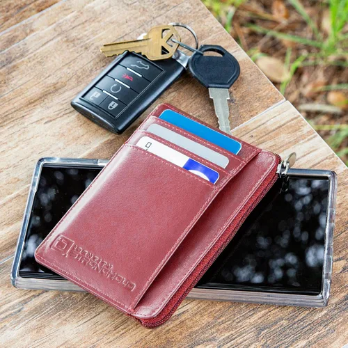 Miniatura 4 de ID STRONGHOLD - Cartera con bolsillo frontal RFID, mini, minimalista, delgada, de piel auténtica con cremallera, Rojo