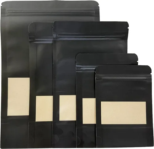 Miniatura 9 de FERENLI 50 bolsas de papel kraft resellables negras con ventana mate para ventana, bolsas de almacenamiento de alimentos sellables con cierre