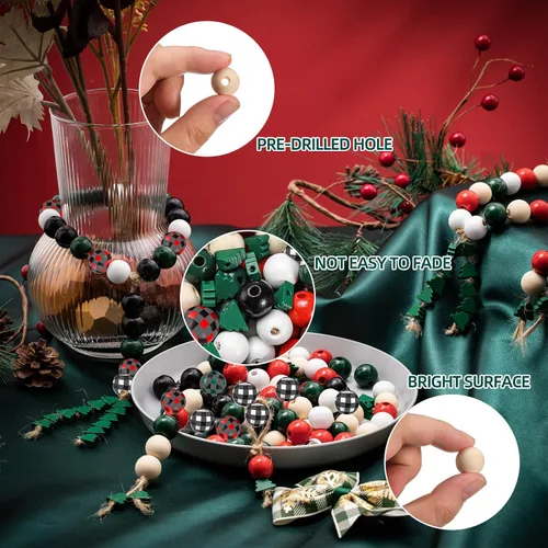 Miniatura 5 de Cuentas de madera de Navidad de 0.63 pulgadas, cuentas de madera rústicas de granja y cuentas en forma de árbol de Navidad de 0.47 pulgadas