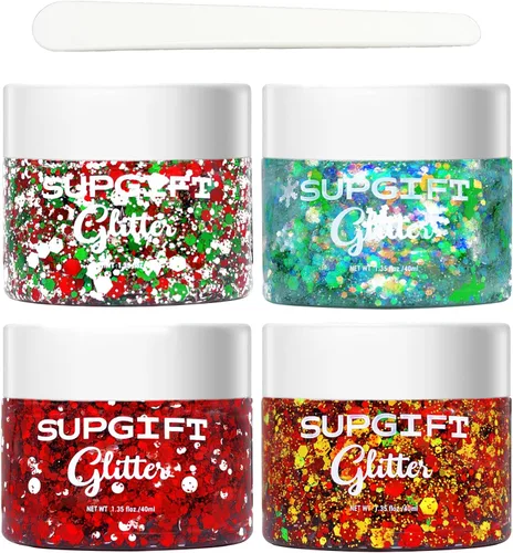Miniatura 8 de Gel con purpurina para el cuerpo navideño, 4 colores, 8.5 onzas, holográfico, grueso, sirena, iridiscente, láser, estrella, flor y hojas