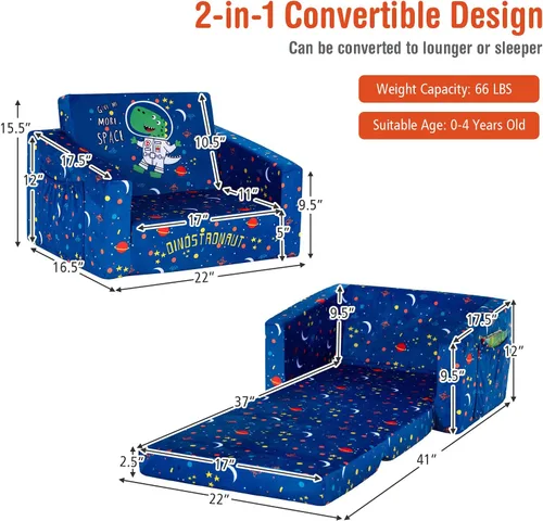 Miniatura 3 de Costzon Sofá para niños, sofá infantil abierto 2 en 1 con tela de terciopelo, bolsillos de almacenamiento, reposabrazos para niños pequeños, cama