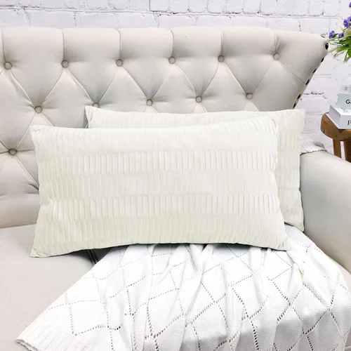 Juego de 2 fundas de almohada decorativas de terciopelo a rayas plisadas de 14 x 26 pulgadas, funda de cojín rectangular suave y elegante para sofá,