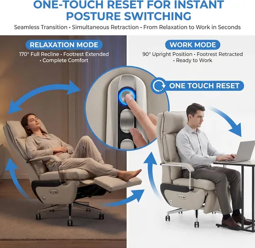 Miniatura 4 de Silla de oficina reclinable ejecutiva de doble motor con reposapiés, reclinable eléctrico con un solo clic, soporte lumbar de masaje y almohada
