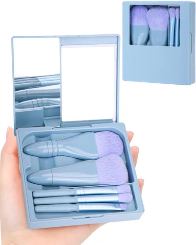 Miniatura 8 de PGRODE Mini juego de brochas de maquillaje de tamaño de viaje con estuche rígido y espejo integrado, 5 brochas pequeñas para cosméticos, kits
