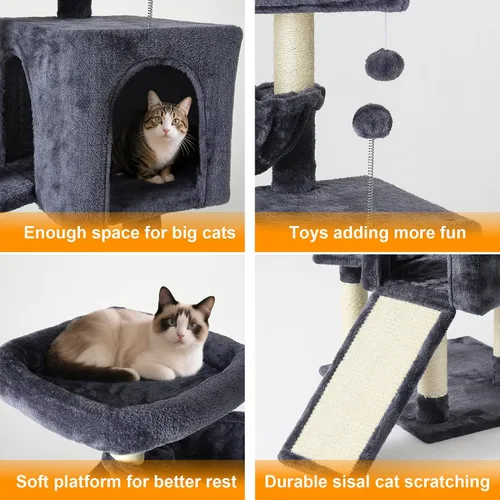 Miniatura 3 de Torre de árbol para gatos de 37 pulgadas con condominio para gatos de varios niveles, postes rascadores, cueva para gatos de 2 puertas, gris
