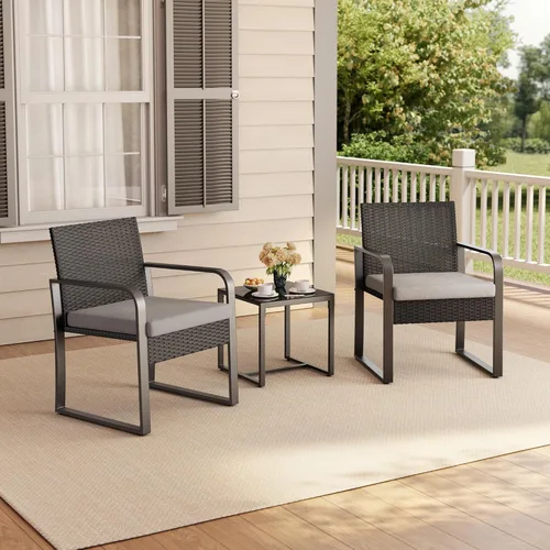 Miniatura 7 de Gizoon Juego de 3 piezas de muebles de patio tipo bistró, juego de muebles de mimbre negro para exteriores, juego moderno de sillas de ratán