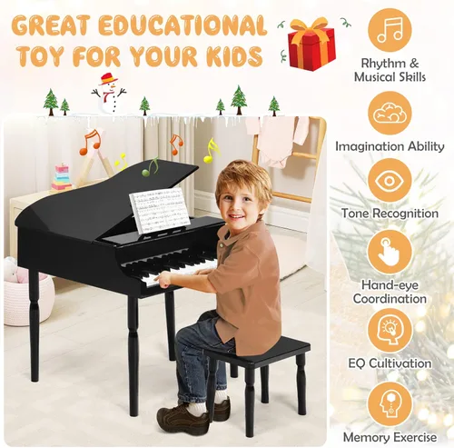 Miniatura 8 de Goplus 30 teclas piano clásico para niños, mini piano de madera estilo grand para aprender a tocar con banco, tapa para piano, estante para música