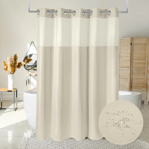 Cortina de Ducha de Tela Sin Ganchos Larga de 71"An x 86"Al con Forro de Poliéster con Imán a Presión–Parte Superior Transparente con Ventana de