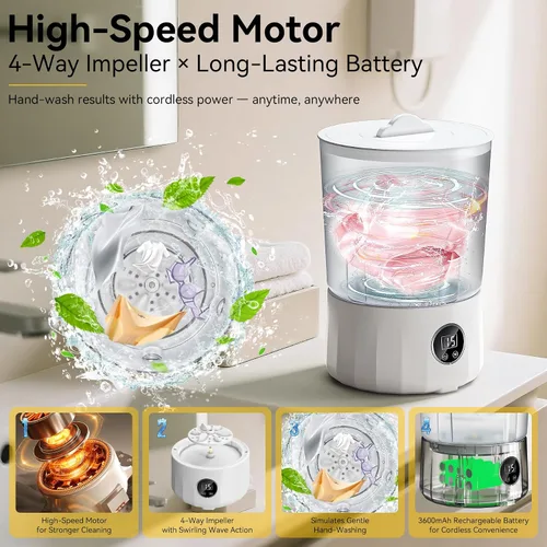Miniatura 5 de Lavadora de ropa interior de 1.5 L, mini lavadora portátil recargable con 3 modos de limpieza para ropa personal, ropa interior, calcetines, ropa