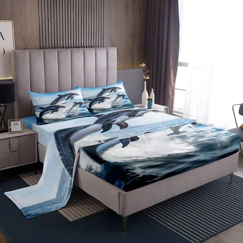 Miniatura 11 de Erosebridal Juego de sábanas de ballena náutica, tamaño individual, juego de ropa de cama vintage azul con ondas oceánicas para niños y niñas