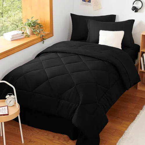 Miniatura 8 de CozyLux Juego de edredón tamaño individual con sábanas de color negro, 5 piezas, ropa de cama en una bolsa, para todas las estaciones, para niñas