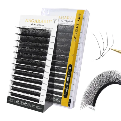 Miniatura 261 de NAGARAKU Extensiones de pestañas Double Tips 4D W, suministros con puntas dobles, gruesas con rizado D de 0.07 mm, bandeja mixta 8-15 mm, 0.07-D