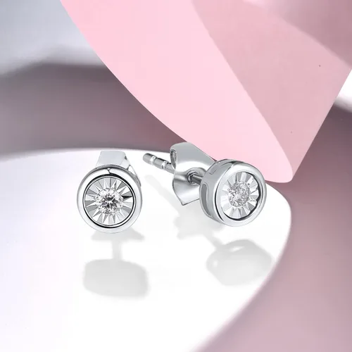 Miniatura 3 de Santuzza Aretes de oro macizo de 10 quilates con placa milagrosa con diamante delicado para mujer