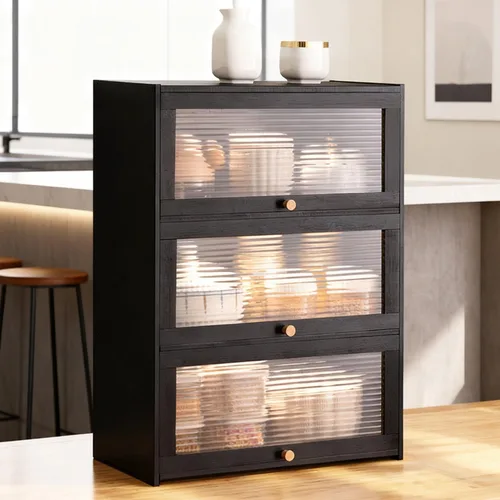 Miniatura 11 de Armario de almacenamiento de bambú de 3 niveles, aparador de encimera de despensa de cocina con estante organizador de puerta abatible