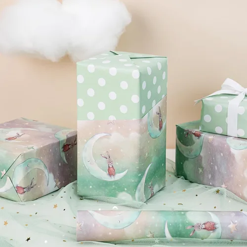 Miniatura 4 de RUSPEPA Rollo de papel de regalo reversible, rollo jumbo, conejo lunar y patrón de puntos para envoltura de regalos neutros de bebé, fiesta