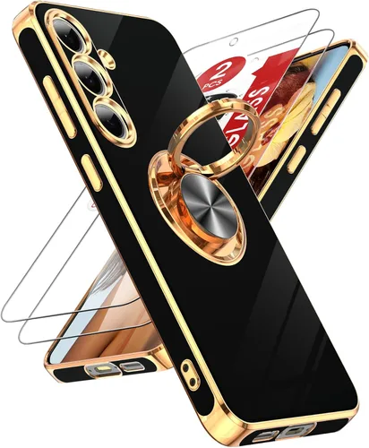 Miniatura 85 de LeYi Funda para Samsung Galaxy S22 Ultra con soporte de anillo giratorio de 360°, soporte magnético, chapado en oro rosa, borde protector para Negro