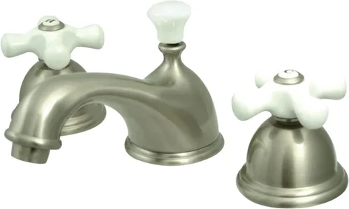 Miniatura 10 de Kingston Brass KS3961PX Restoration Grifo de lavabo generalizado con mango cruzado de porcelana, cromo pulido, centro ajustable de 8 pulgadas