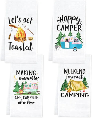 Vansolinne Juego de 4 toallas de cocina para camping, juego de toallas de mano de cocina blancas impresas con frases divertidas, regalos novedosos
