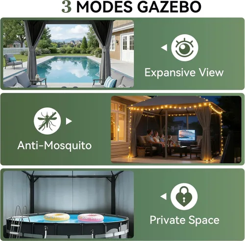 Miniatura 5 de Aoxun Gazebo para exteriores de 8 x 8 pulgadas para patio, toldo con marco de metal, cenador pequeño de doble techo resistente, kiosco para patio