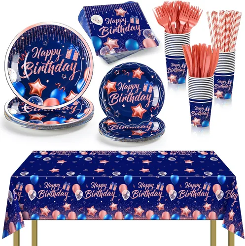 Miniatura 8 de Norme Juego de vajilla para fiesta de cumpleaños de 176 piezas en azul marino y plata. Decoración de cumpleaños que incluye mantel, platos de papel