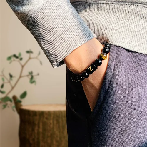 Miniatura 132 de SUMMER LOVE Regalos para el Día del Padre, pulsera con inicial de piedra de ónix negro de 0.394 pulgadas para hombres, pulsera de cuerda trenzada